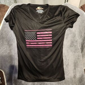 Mossy Oak Black V-Neck Tee with Pink Flag